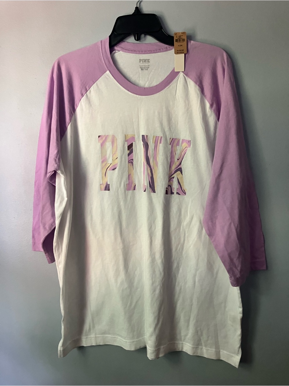 PINK Victoria's Secret White & Light Purple Raglan Tee with Marble Logo